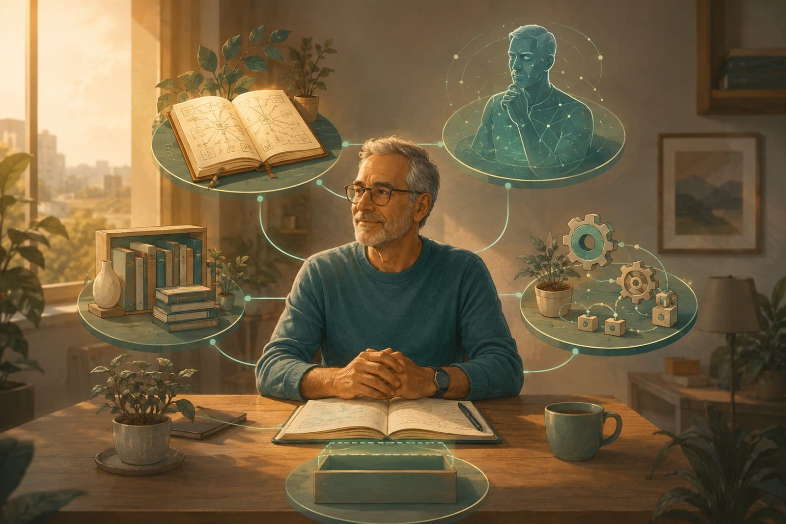 Your Starter System: you, the Super PM, in the centre, connected to a second brain, a digital twin, a skills library, automations, and a slot where new tools fold in.