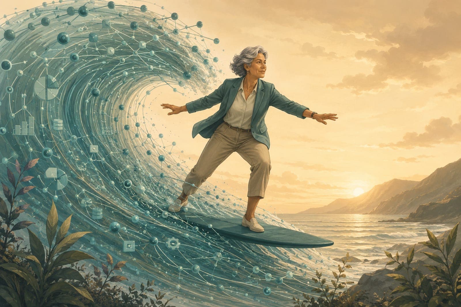 A product person calmly riding a rising wave made of connected nodes.