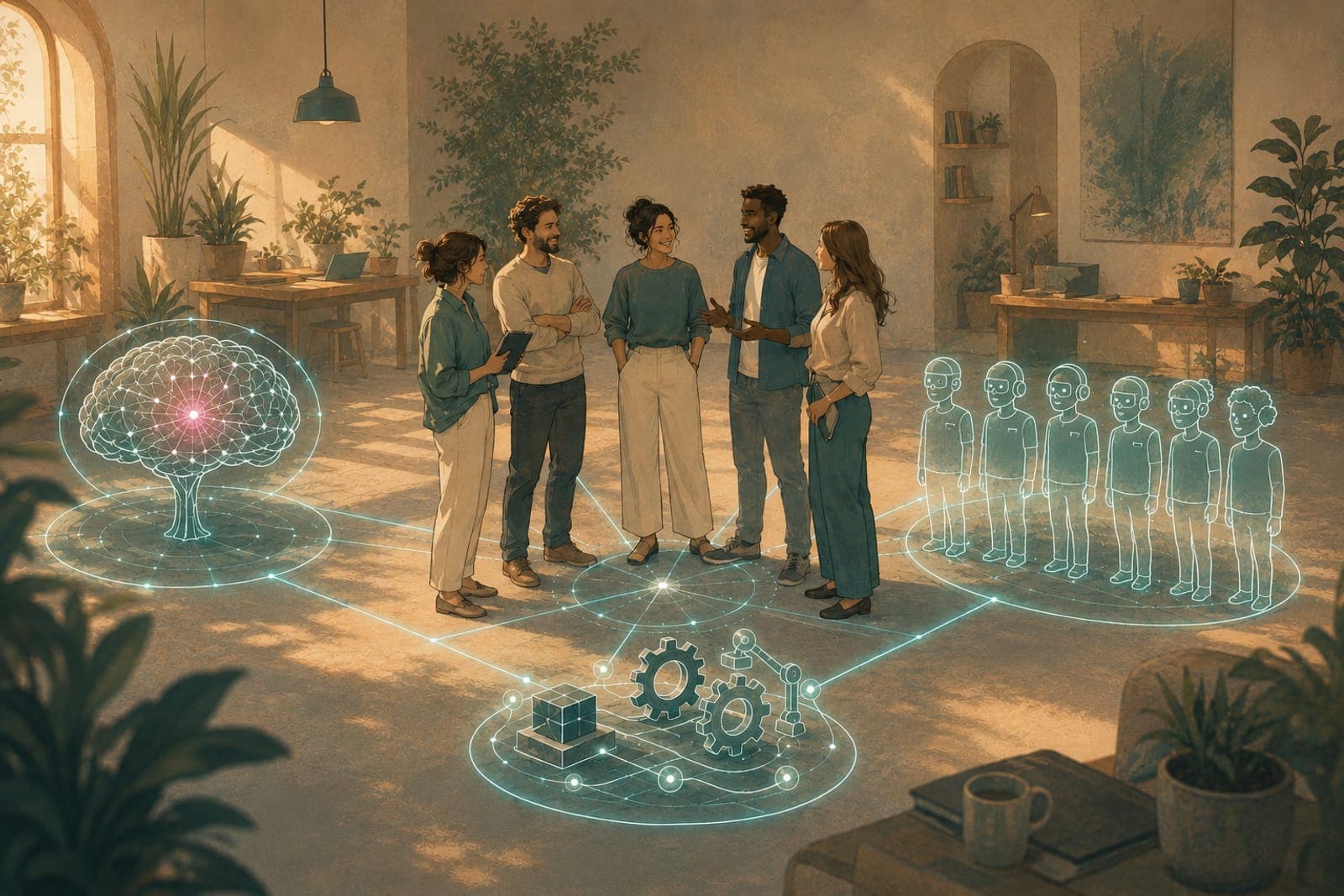 The Team Build: your team in the centre, connected to a shared brain, digital twins, automatic meeting follow-ups, a custom tool setup, and an AI-core operating model.