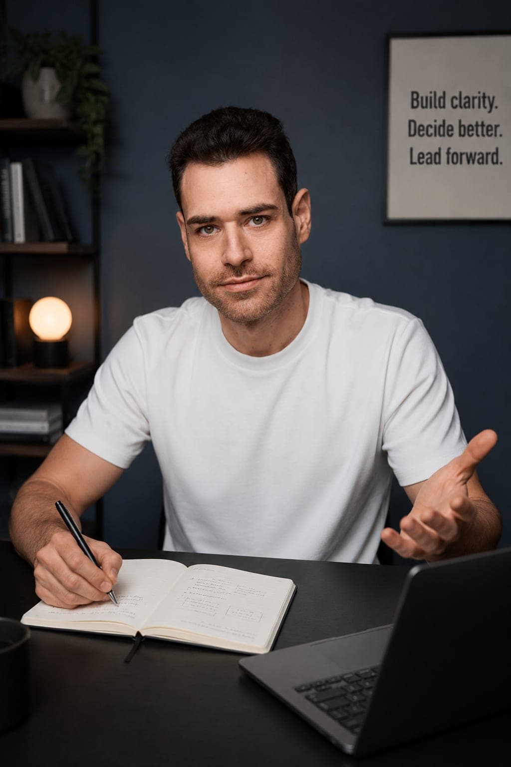Marton Gaspar at his desk, notebook open, talking you through a system